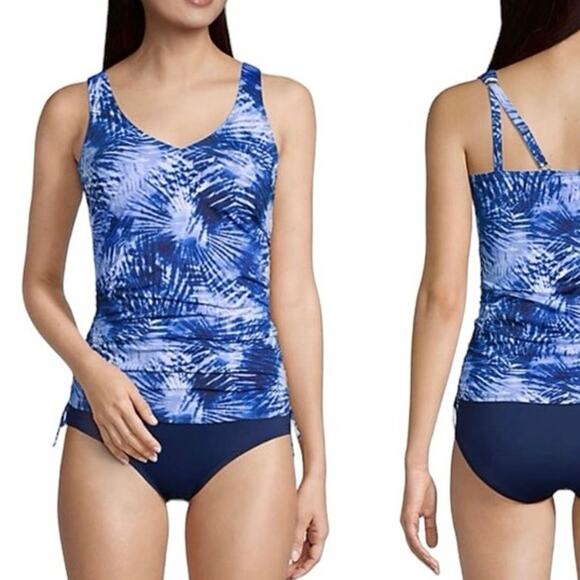 NEW LANDS END Chlorine Resistant Tie Dye Blue Cinch Waist Tankini Swim Top 8 - Picture 1 of 6